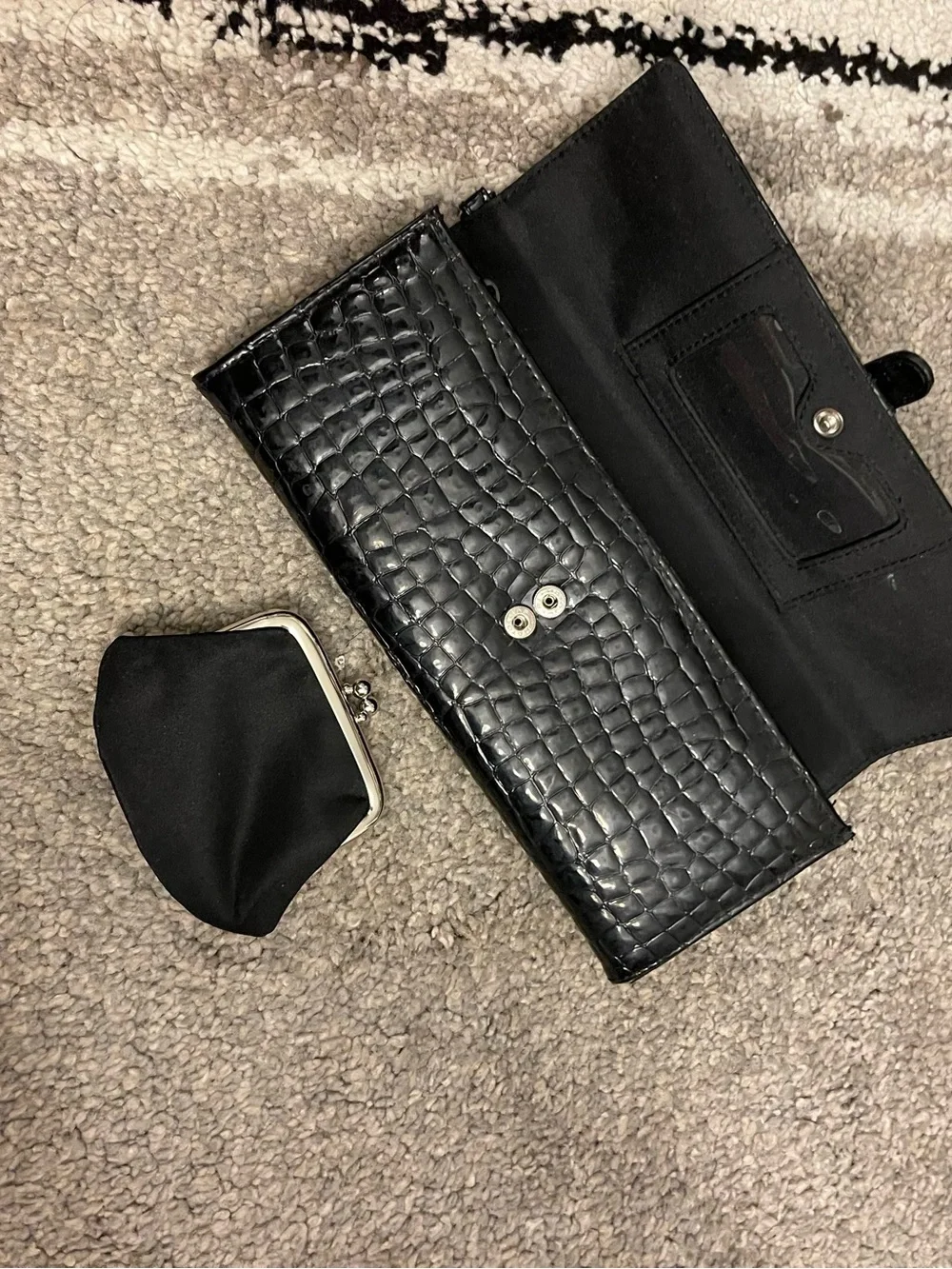 Black Croc-Embossed Leather Clutch with Silver Buckle